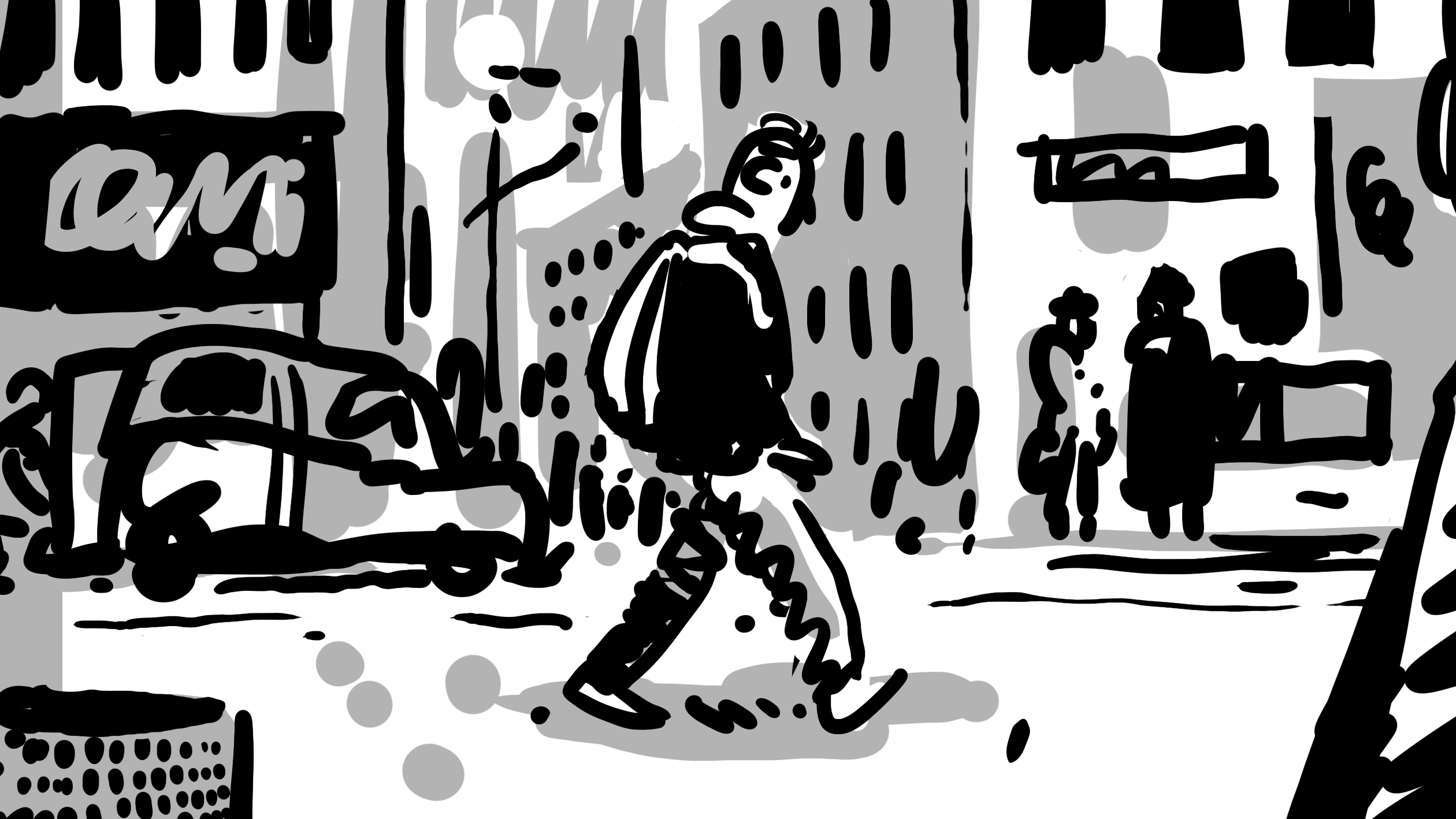 Bild aus Storyboard, Person läuft durch die Stadt