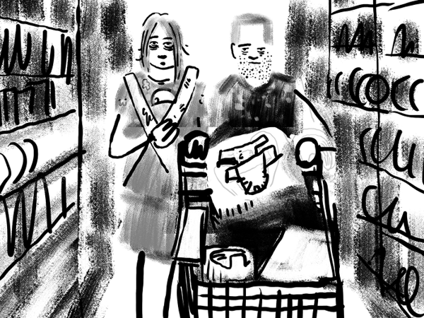 Bild aus Storyboard, Paar, etwas abgekämpft am einkaufen